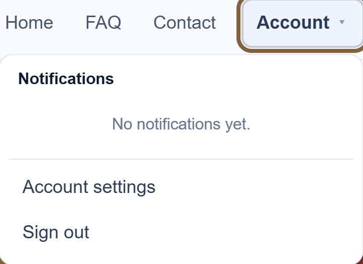 The Account menu open: Notifications, Account settings and Sign out