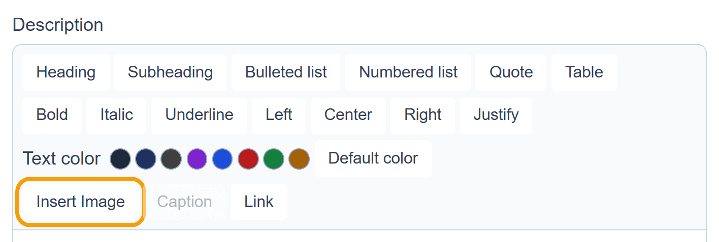 The description toolbar, with the Insert Image button outlined