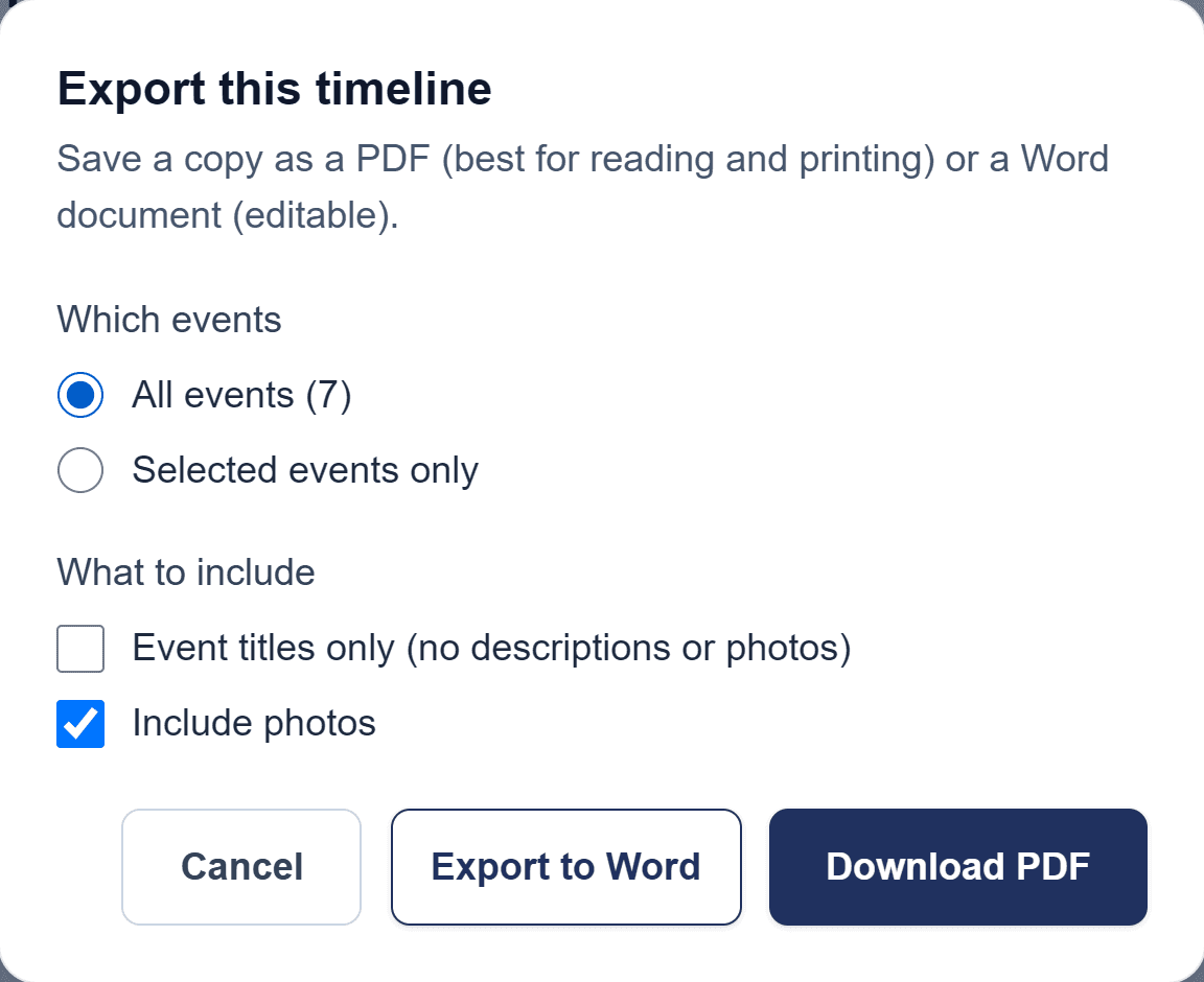 The Export window: which events, what to include, and the Export to Word and Download PDF buttons