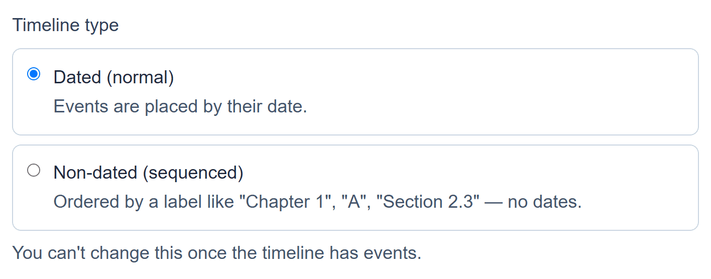 The Timeline type choice: Dated (normal) or Non-dated (sequenced)