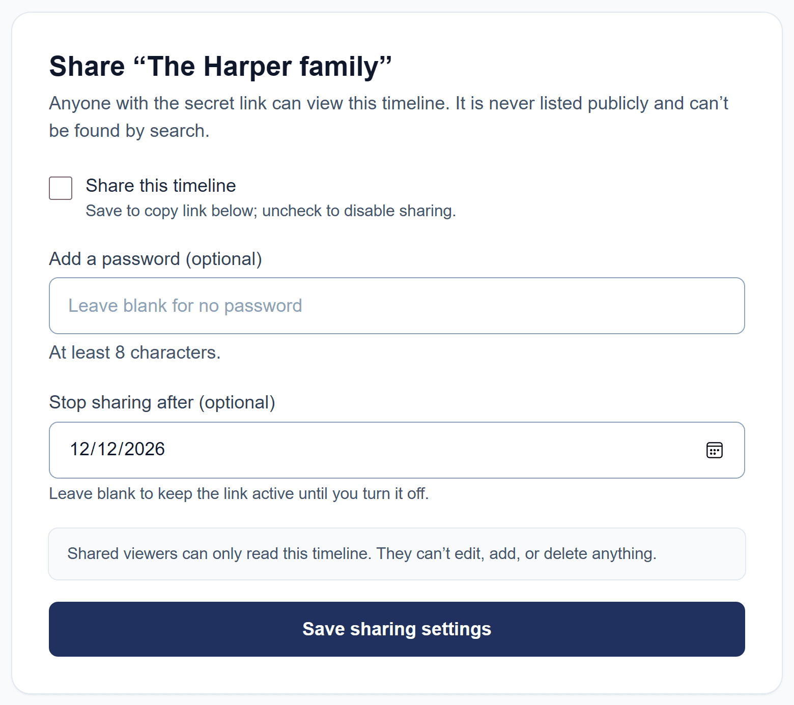 The Share page: Share this timeline, an optional password, an optional stop-sharing date, and Save sharing settings