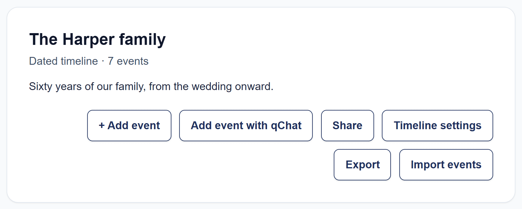 A timeline's buttons: + Add event, Add event with qChat, Share, Timeline settings, Export and Import events