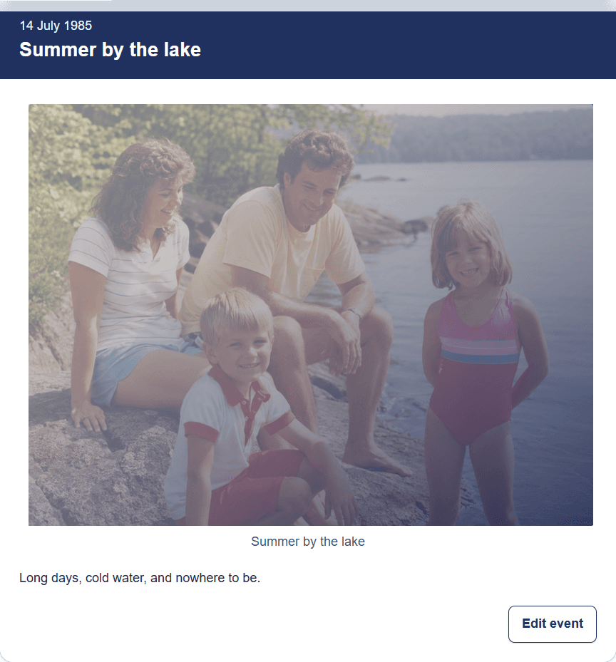 A timeline shown one event at a time as a carousel